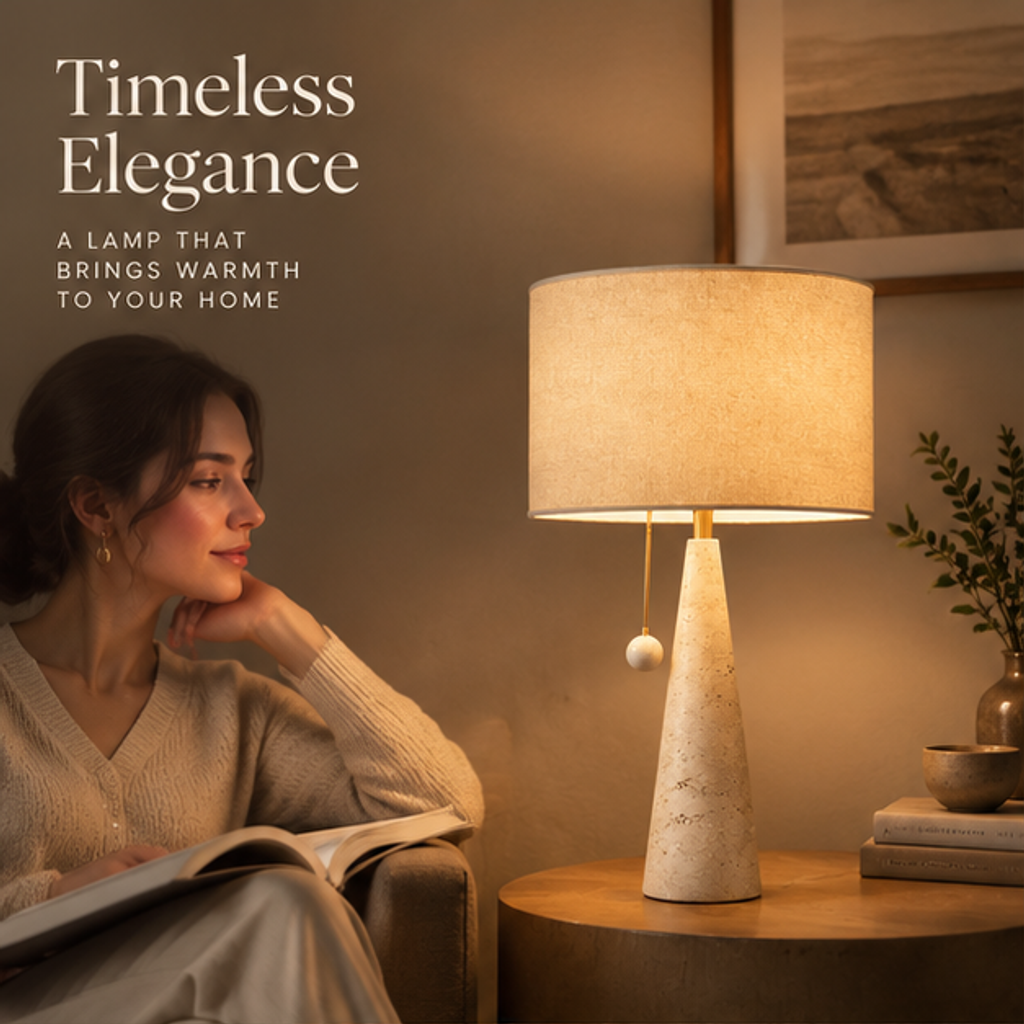 Natural Stone Table Lamp – Cone Base with Linen Drum Shade & Pull Switch