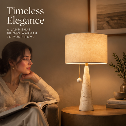 Natural Stone Table Lamp – Cone Base with Linen Drum Shade & Pull Switch