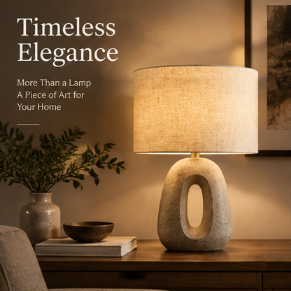 Stone Texture Table Lamp – Sculptural Open Oval Base with Linen Drum Shade