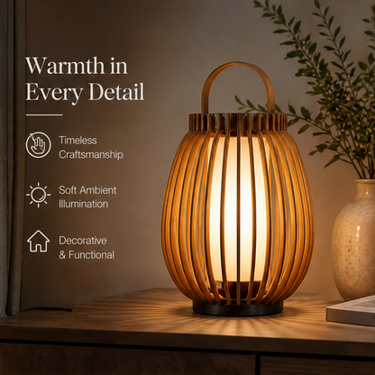 Wooden Lantern Table Lamp – Slatted Cage Design with Handle, Dimmable Ambient Light