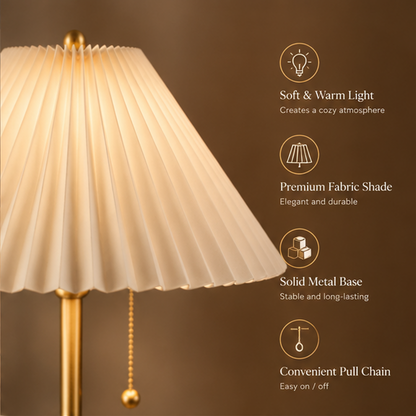 Pleated Shade Table Lamp – Gold Metal Base with Pull Chain, Warm Bedside Light