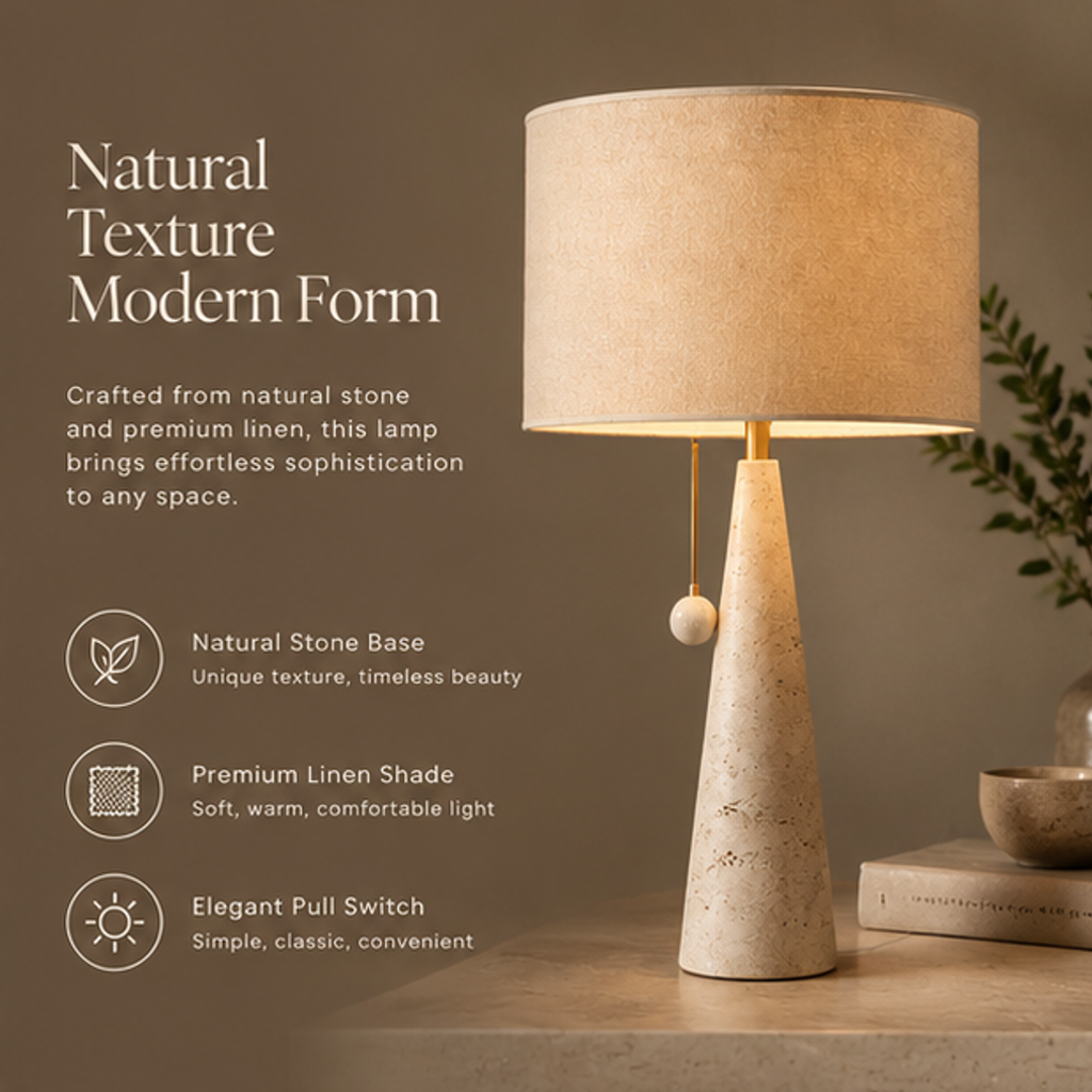 Natural Stone Table Lamp – Cone Base with Linen Drum Shade & Pull Switch