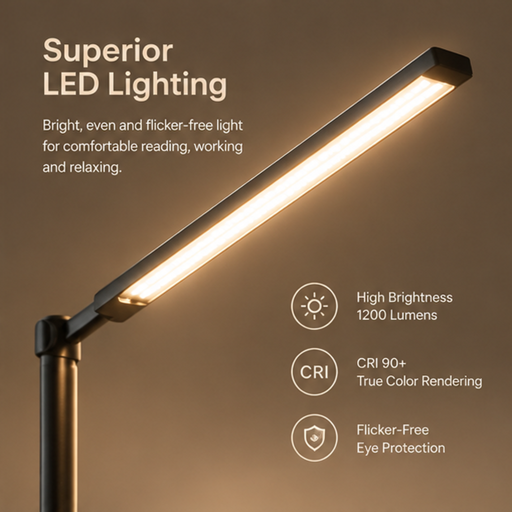Modern LED Floor Lamp – Adjustable Height & Rotating Head, 3 Color Temperatures, Dimmable