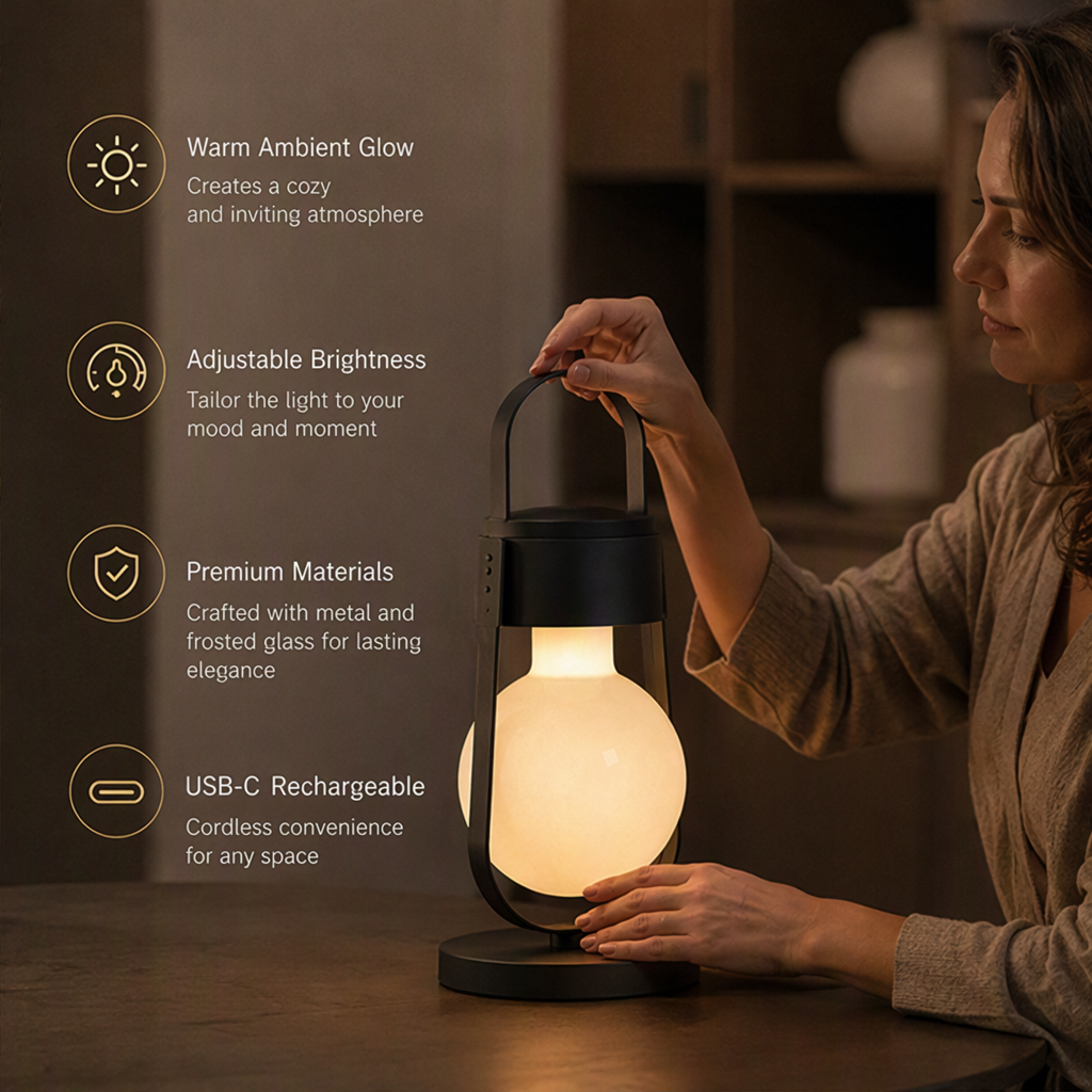 Modern Lantern Table Lamp – Rechargeable Cordless Metal & Frosted Glass Light