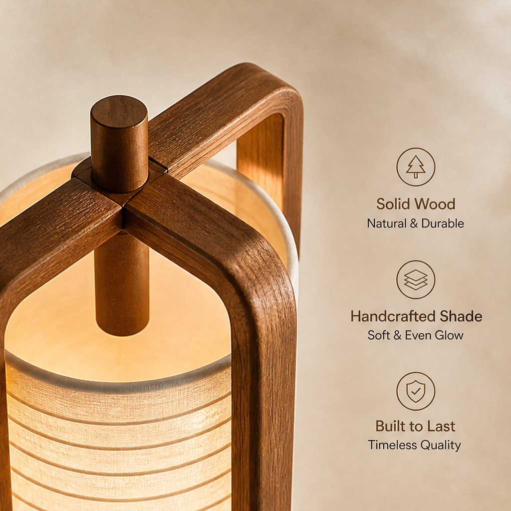 Solid Wood Lantern Floor Lamp – Tall Column Light with Handcrafted Ribbed Shade