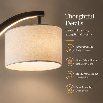 Modern Arc Floor Lamp – LED Light Strip Arc with Linen Drum Shade, Stepless Dimming