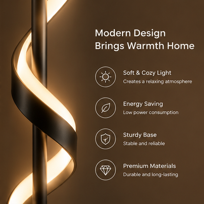 Modern Spiral LED Floor Lamp – Black Metal Ribbon Sculptural Light, Acrylic Shade
