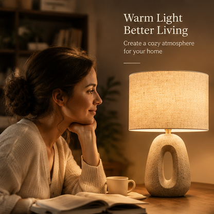 Stone Texture Table Lamp – Sculptural Open Oval Base with Linen Drum Shade