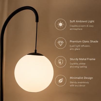 Arched Globe Floor Lamp – Glass Orb Pendant Light with Matte Black Frame & LED Ring Base