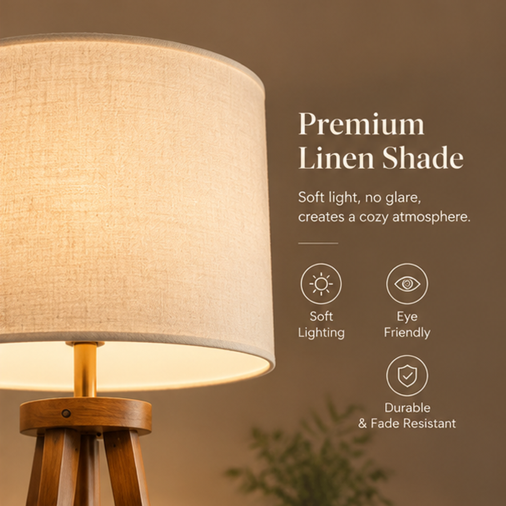Wooden Tripod Floor Lamp with Shelf – Solid Wood Legs, Linen Drum Shade, Foot Switch