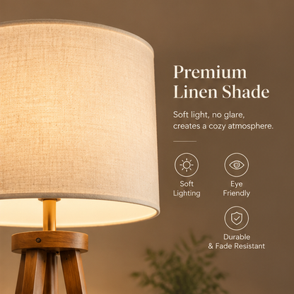 Wooden Tripod Floor Lamp with Shelf – Solid Wood Legs, Linen Drum Shade, Foot Switch