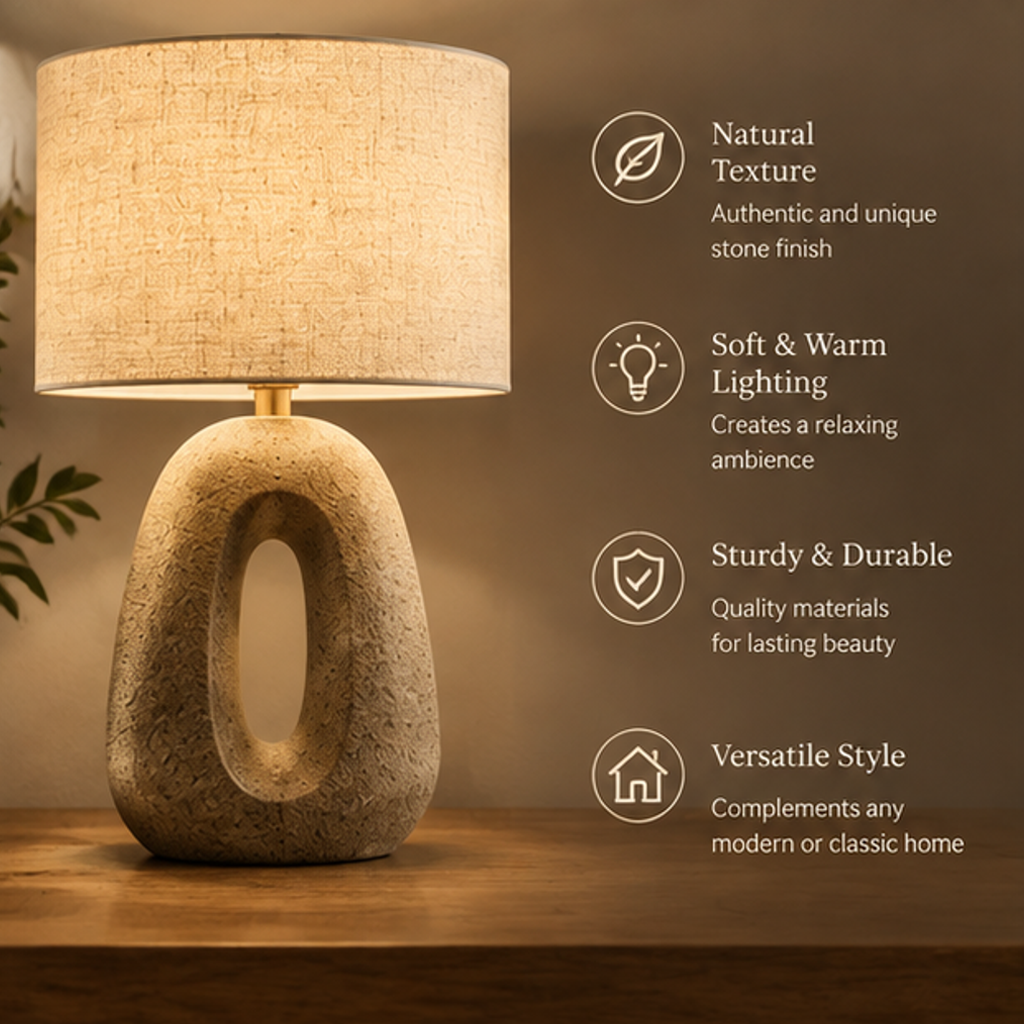 Stone Texture Table Lamp – Sculptural Open Oval Base with Linen Drum Shade