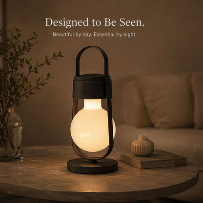 Modern Lantern Table Lamp – Rechargeable Cordless Metal & Frosted Glass Light