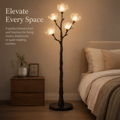 Magnolia Tree Floor Lamp – Sculptural Branch Light with 5 Blooming Flower Shades