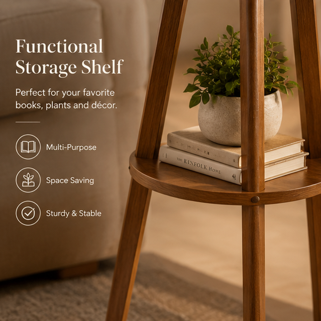 Wooden Tripod Floor Lamp with Shelf – Solid Wood Legs, Linen Drum Shade, Foot Switch