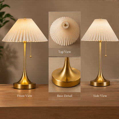 Pleated Shade Table Lamp – Gold Metal Base with Pull Chain, Warm Bedside Light
