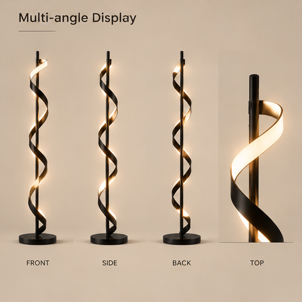 Modern Spiral LED Floor Lamp – Black Metal Ribbon Sculptural Light, Acrylic Shade