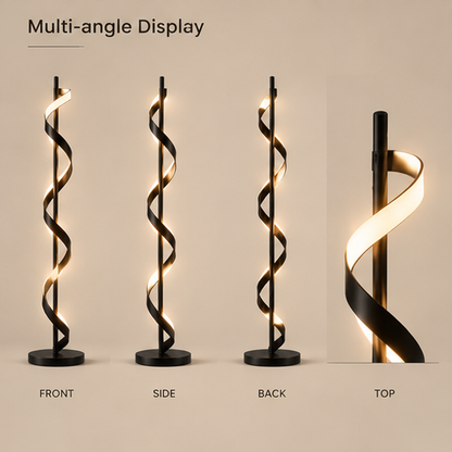 Modern Spiral LED Floor Lamp – Black Metal Ribbon Sculptural Light, Acrylic Shade
