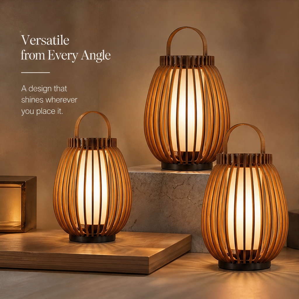 Wooden Lantern Table Lamp – Slatted Cage Design with Handle, Dimmable Ambient Light