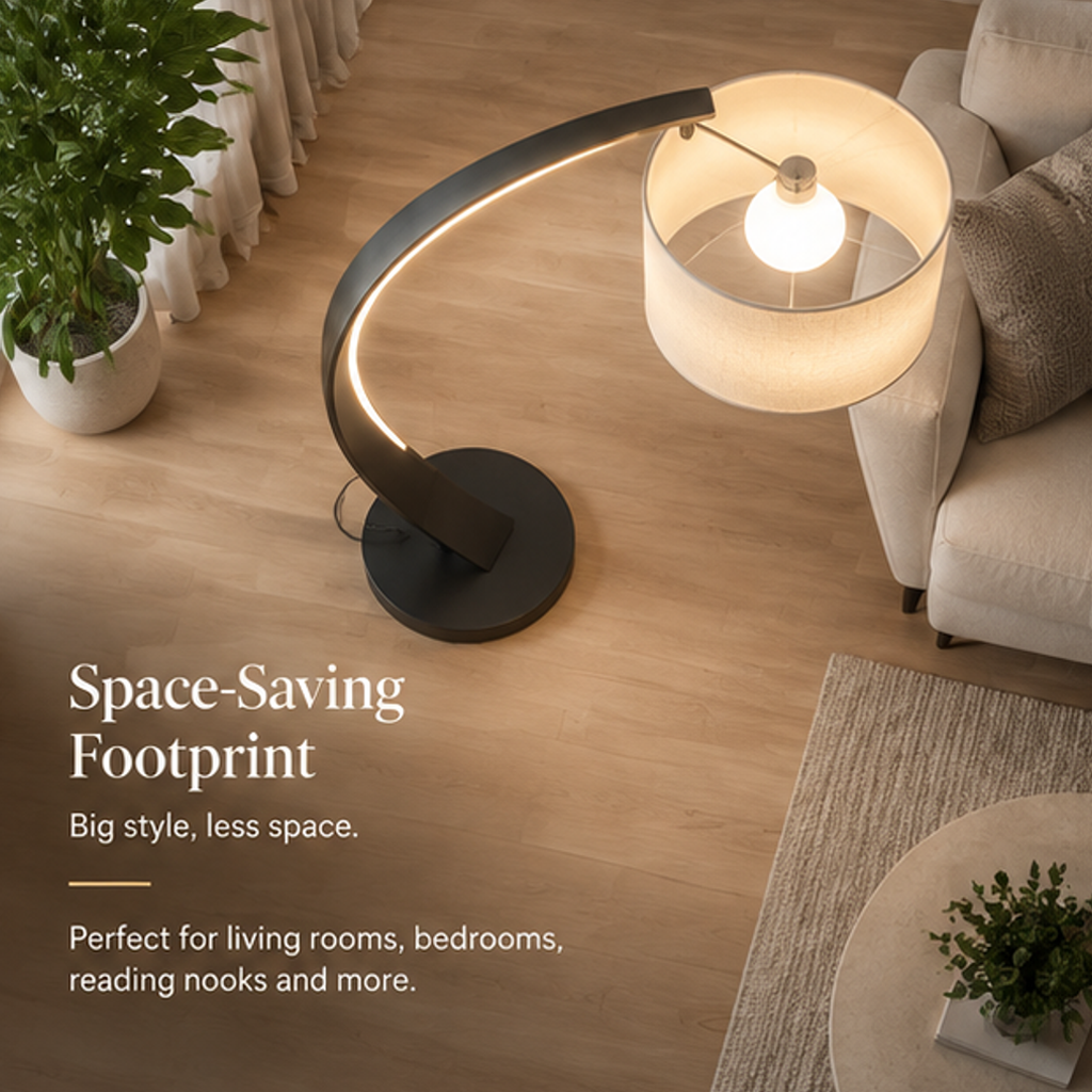 Modern Arc Floor Lamp – LED Light Strip Arc with Linen Drum Shade, Stepless Dimming