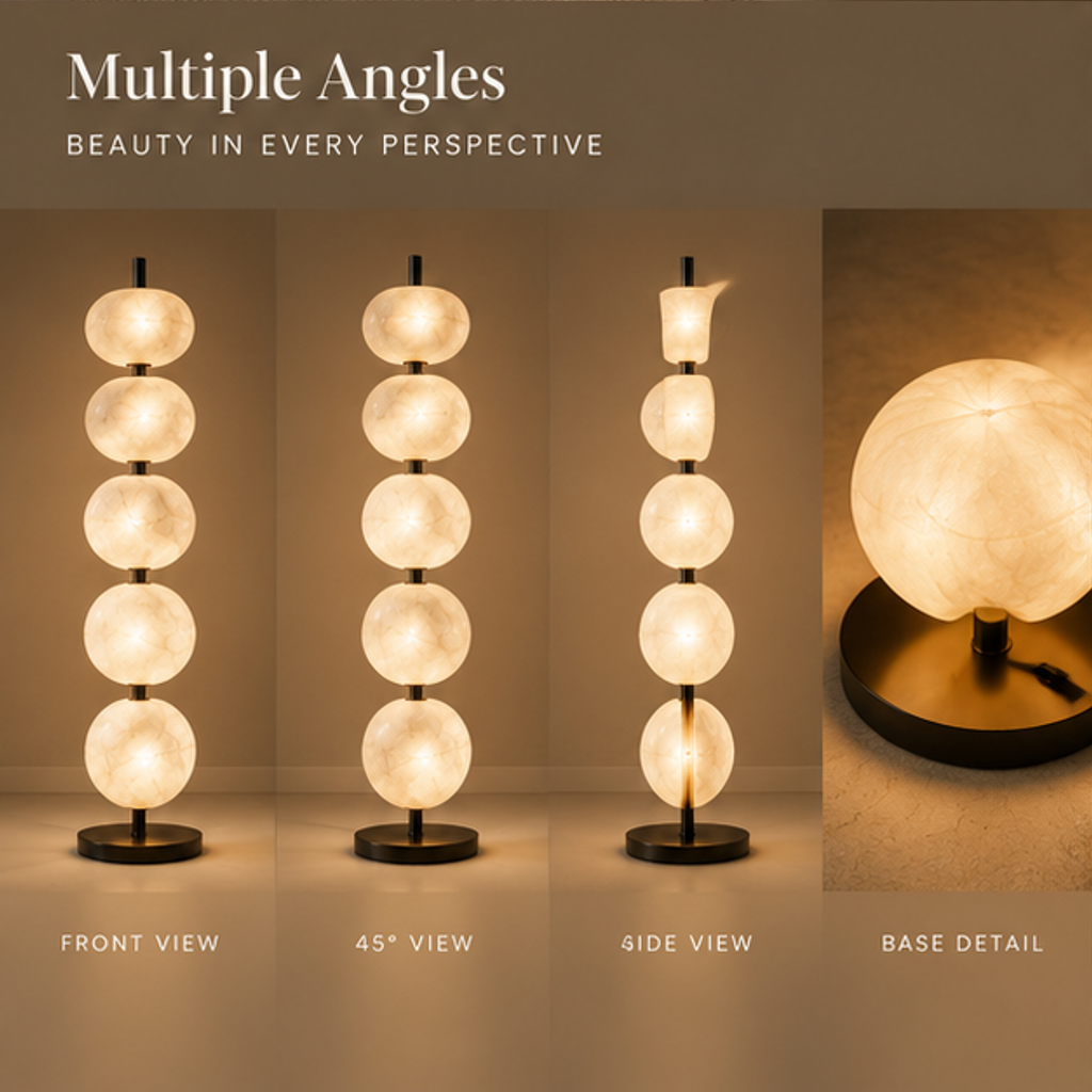 Alabaster Stone Floor Lamp – Stacked Orb Sculptural Light with Black Metal Base