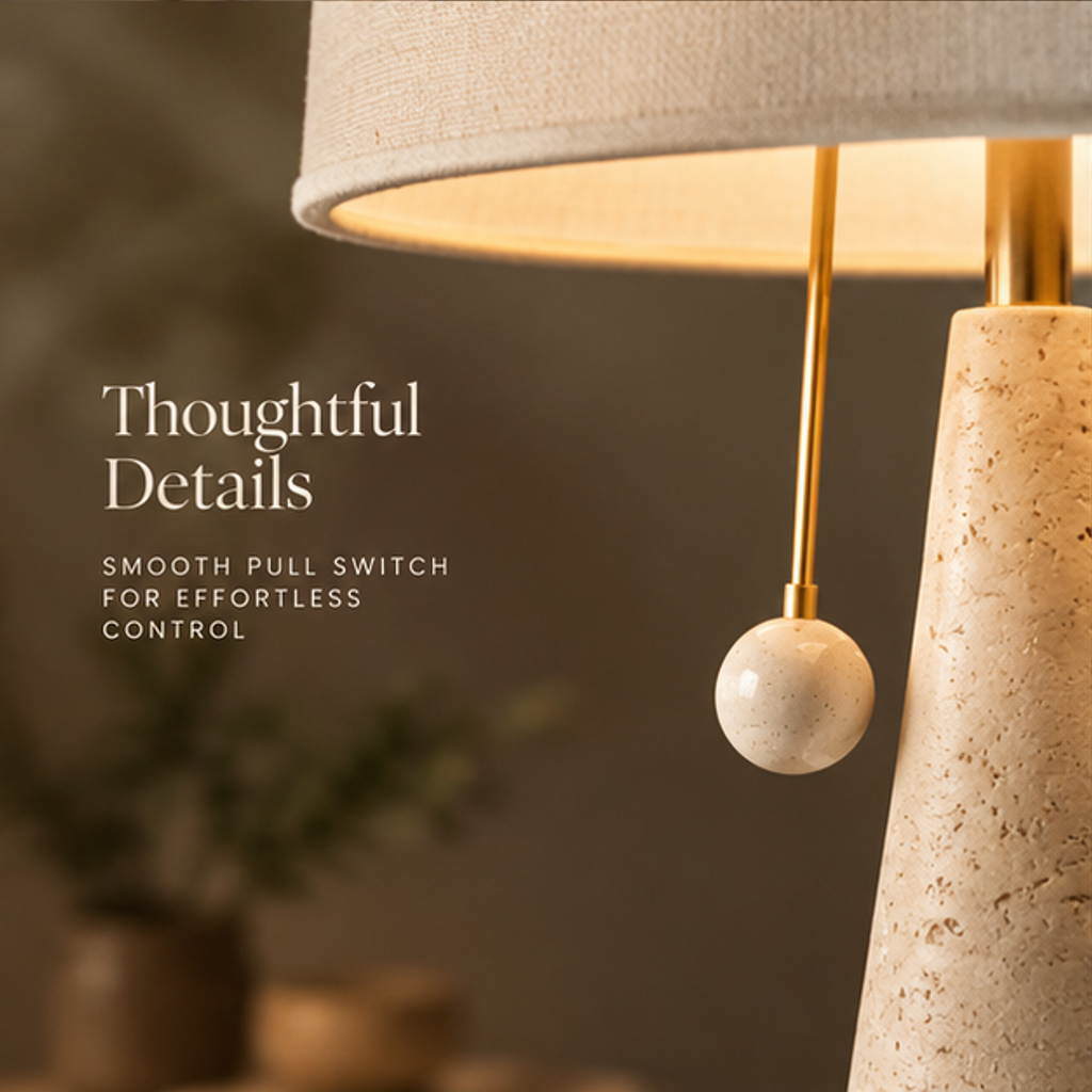 Natural Stone Table Lamp – Cone Base with Linen Drum Shade & Pull Switch