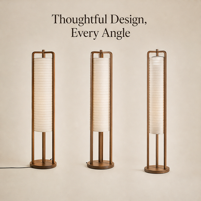 Solid Wood Lantern Floor Lamp – Tall Column Light with Handcrafted Ribbed Shade
