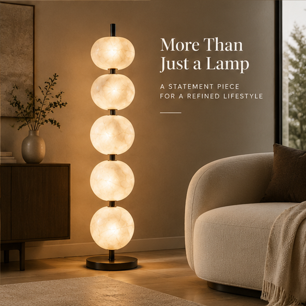 Alabaster Stone Floor Lamp – Stacked Orb Sculptural Light with Black Metal Base