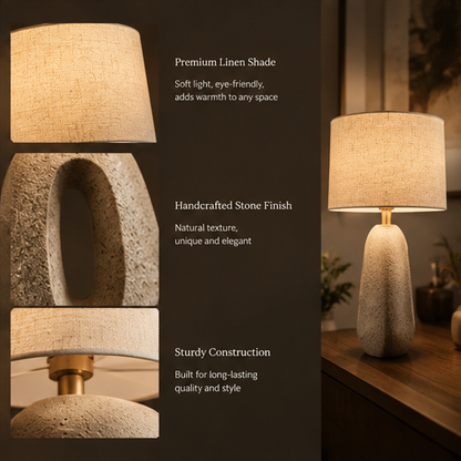 Stone Texture Table Lamp – Sculptural Open Oval Base with Linen Drum Shade
