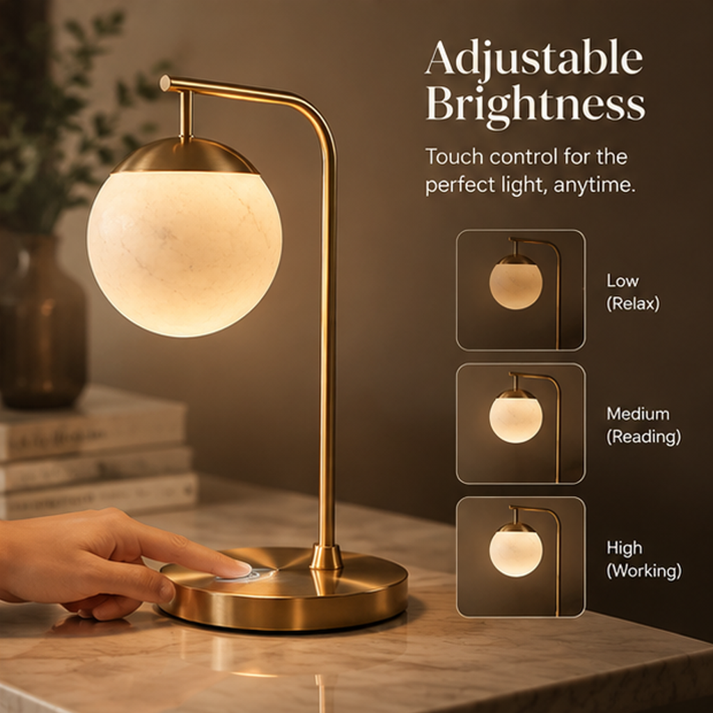 Brass Globe Table Lamp – Marble Texture Glass Shade Touch Dimmable Light