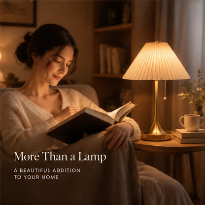 Pleated Shade Table Lamp – Gold Metal Base with Pull Chain, Warm Bedside Light