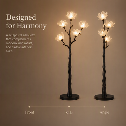 Magnolia Tree Floor Lamp – Sculptural Branch Light with 5 Blooming Flower Shades