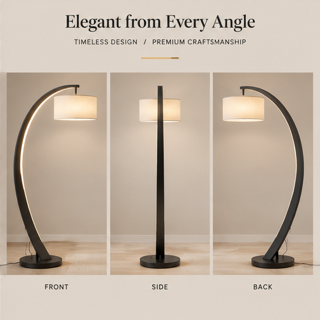 Modern Arc Floor Lamp – LED Light Strip Arc with Linen Drum Shade, Stepless Dimming