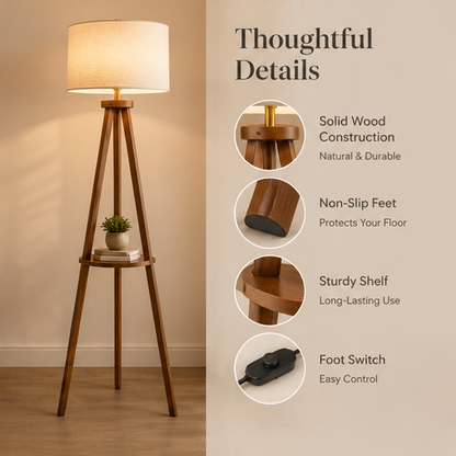 Wooden Tripod Floor Lamp with Shelf – Solid Wood Legs, Linen Drum Shade, Foot Switch