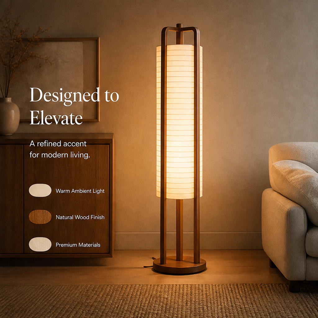 Solid Wood Lantern Floor Lamp – Tall Column Light with Handcrafted Ribbed Shade