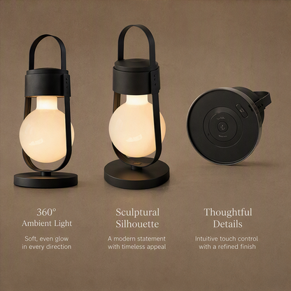 Modern Lantern Table Lamp – Rechargeable Cordless Metal & Frosted Glass Light