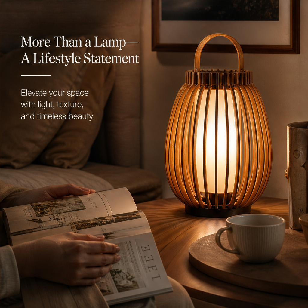 Wooden Lantern Table Lamp – Slatted Cage Design with Handle, Dimmable Ambient Light