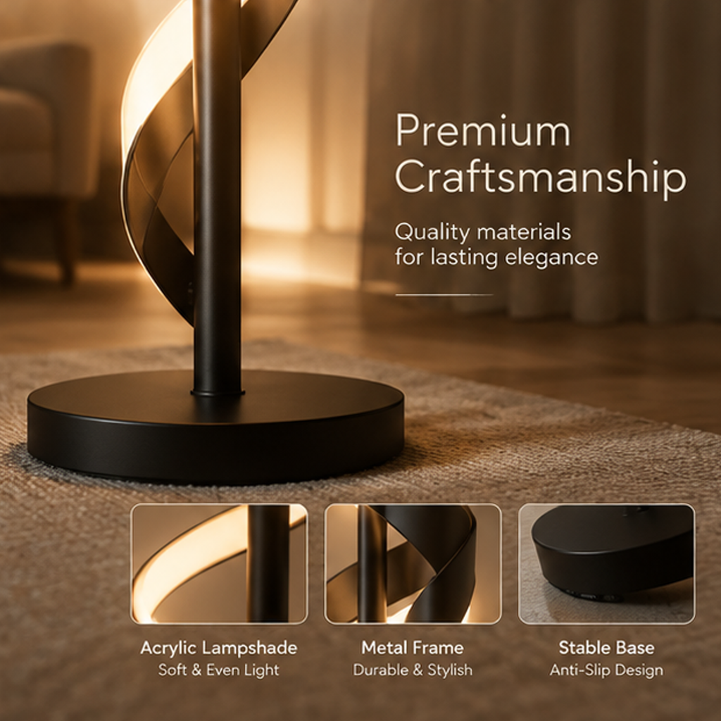 Modern Spiral LED Floor Lamp – Black Metal Ribbon Sculptural Light, Acrylic Shade